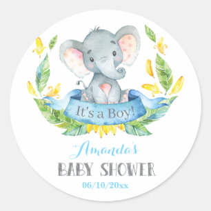 Pegatina Redonda Chico Elefante Baby Shower Azul y Gris