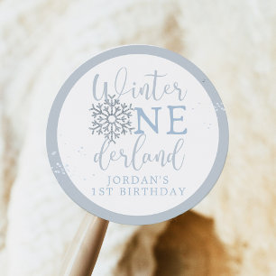Pegatina Redonda Chico Favor de Winter Onederland, Copo de nieve az