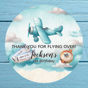 Pegatina Redonda Chico Lindo Avión Azul Viajes Cumpleaños Niños Per