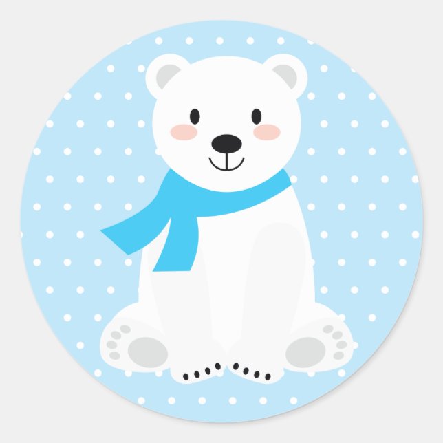 Pegatina Redonda Chico Lindo Oso Polar Baby Shower Azul (Anverso)