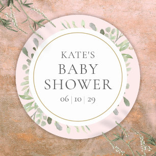 Pegatina Redonda Chico o Chica Baby Shower Verde Acuarela Rosa