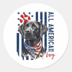 Pegatina Redonda Chico Patriótico De Labrador Negro Con Bandera De