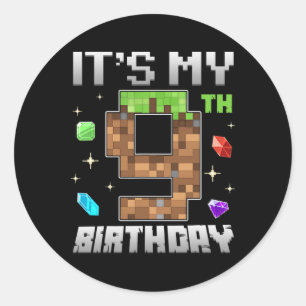Pegatina Redonda Chico Retro Cumpleaños 9 Nivel 9 Videojugador Pixe