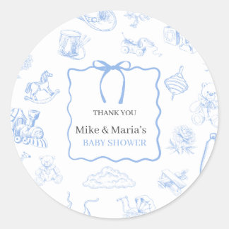 Pegatina Redonda Chico Toile De Jouy Azul Baby Shower