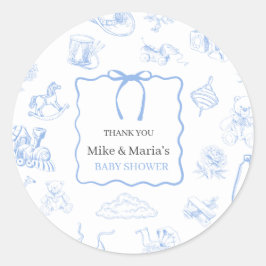 Pegatina Redonda Chico Toile De Jouy Azul Baby Shower