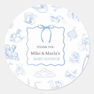 Pegatina Redonda Chico Toile De Jouy Azul Baby Shower