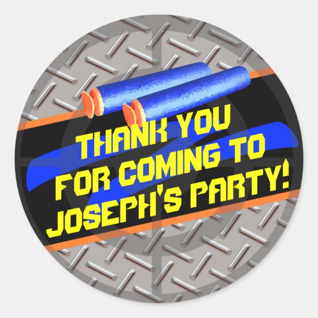 Pegatina Redonda Chicos Fiesta de Cumpleaños Dart Wars Gracias Por  (Anverso)