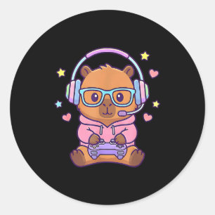 Pegatina Redonda Chicos gamers divertidos lindos kawaii capybara 