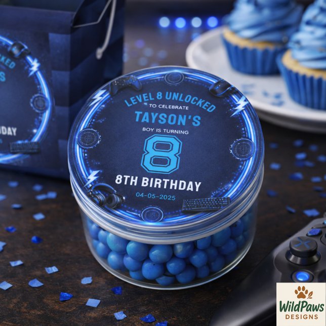 Pegatina Redonda Chicos Modernos Fiesta de Cumpleaños Cool Blue Gam (Boys Modern Cool Blue Gaming 8th Birthday Party sticker)