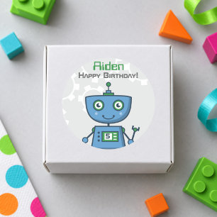 Pegatina Redonda Chicos Robot Azules Feliz Cumpleaños
