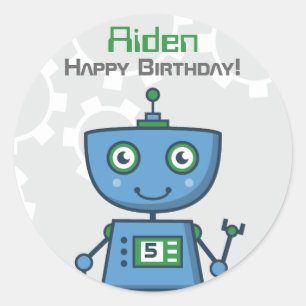Pegatina Redonda Chicos Robot Azules Feliz Cumpleaños