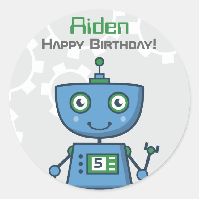 Pegatina Redonda Chicos Robot Azules Feliz Cumpleaños (Anverso)