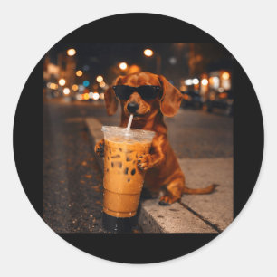 Pegatina Redonda Chihua dachshund divertido bebedor de café helado 