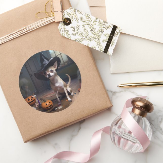 Pegatina Redonda Chihuahua Calabazas de Halloween (Regalar)