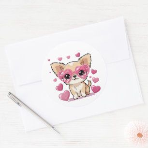 Pegatina Redonda Chihuahua con gafas de sol en forma de corazón Tem