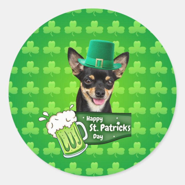 Pegatina Redonda Chihuahua Cuppy Dog St. Patrick's Day Green Clover (Anverso)