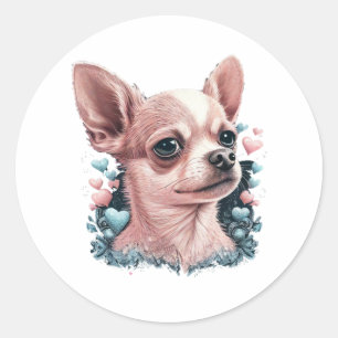 Pegatina Redonda Chihuahua Cute Dog, hermosa Chica de flores