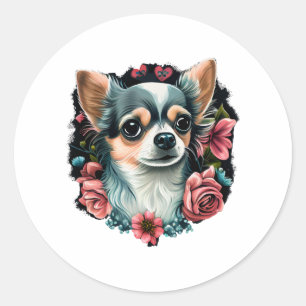 Pegatina Redonda Chihuahua Cute Dog, hermosa Chica de flores