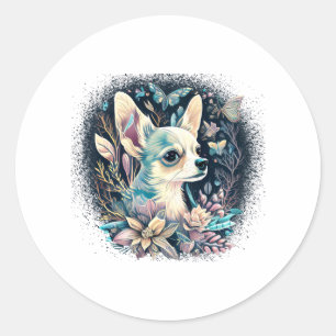 Pegatina Redonda Chihuahua Cute Dog, hermosa Chica de flores