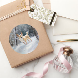 Pegatina Redonda Chihuahua deja que nieve Navidades