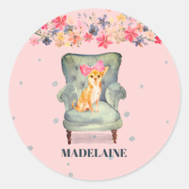 Pegatina Redonda Chihuahua Dog Floral Plata Rosa