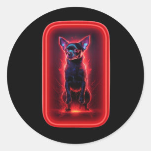 Pegatina Redonda Chihuahua Negro Baila en Medio de Luz Roja de Neón