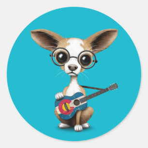 Pegatina Redonda Chihuahua Perro Cachorro Jugando La Guitarra De Ba