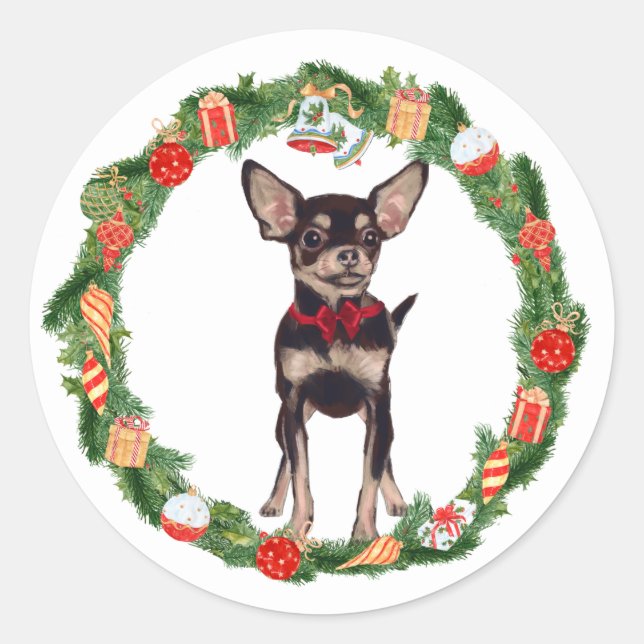 Pegatina Redonda Chihuahua Perro Nochebuena Ornamento de Navidad (Anverso)