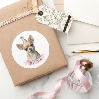 Pegatina Redonda Chihuahua Pink Whimsical Cute ilustracion