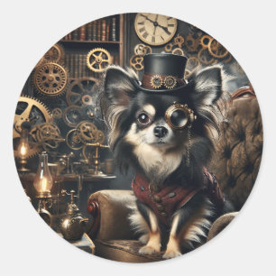 Pegatina Redonda Chihuahua Steampunk de cabello largo, blanco y neg