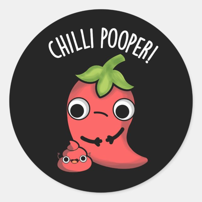 Pegatina Redonda Chili Poooper Funny Pepper Pun Dark BG (Anverso)