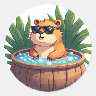 Pegatina Redonda Chill Capybara Bañera Relajante Kawaii Tropical 
