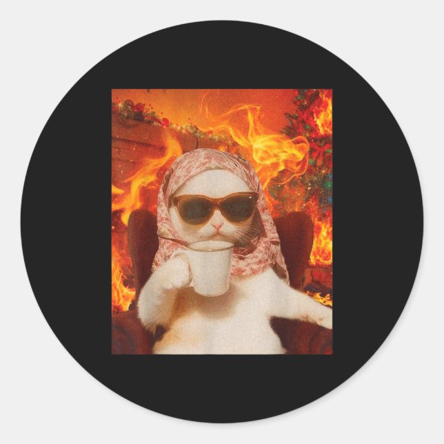 Pegatina Redonda Chill Cat And Coffe Xmas Funny Cat Meme Y2k Joke  (Anverso)