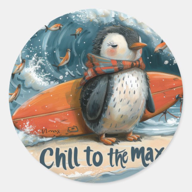 Pegatina Redonda Chillin' con pingüinos: máxima relajación (Anverso)