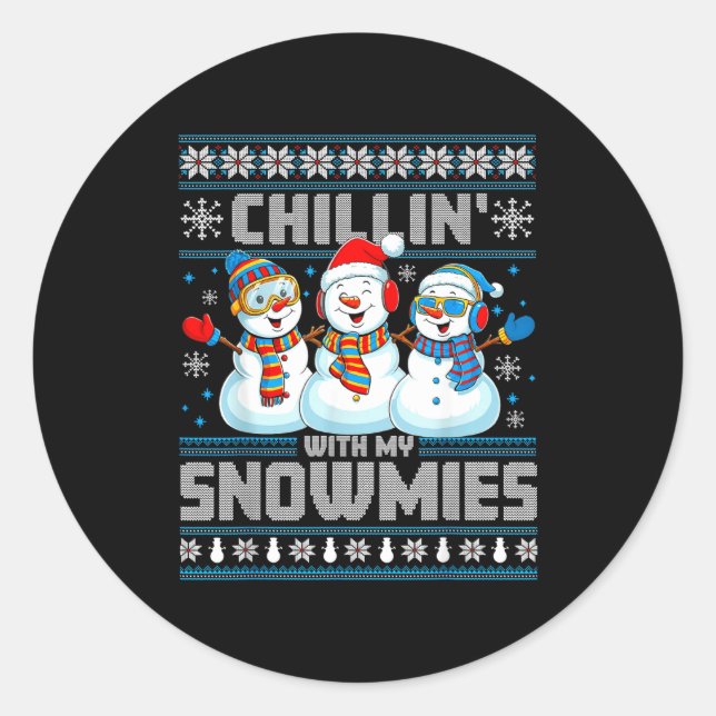 Pegatina Redonda Chillin' With My Snowmies Funny Xmas Snowman Chris (Anverso)