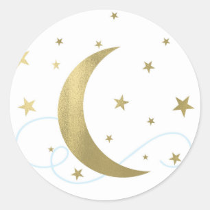 Pegatina Redonda Chimenea Azul Claro y Dorado de Luna y Estrellas p