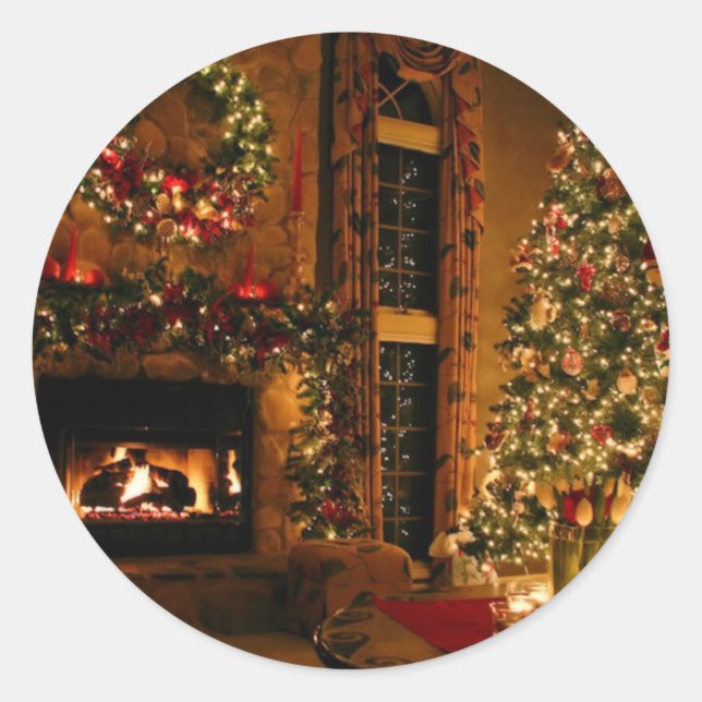 Pegatina Redonda Chimenea de árbol de Navidad (Anverso)