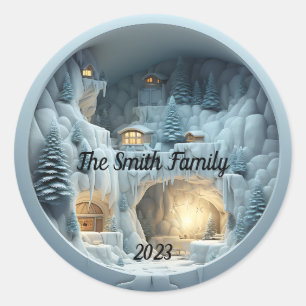 Pegatina Redonda Chimenea de nieve de hielo 3D para navidades