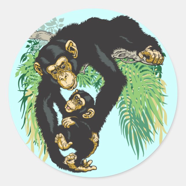 Pegatina Redonda chimpancé con bebé (Anverso)