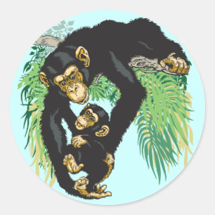 Pegatina Redonda chimpancé con bebé