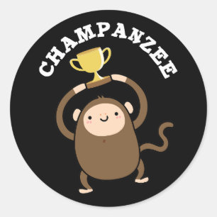 Pegatina Redonda Chimpanzee Pun Dark BG Campeón Gracioso