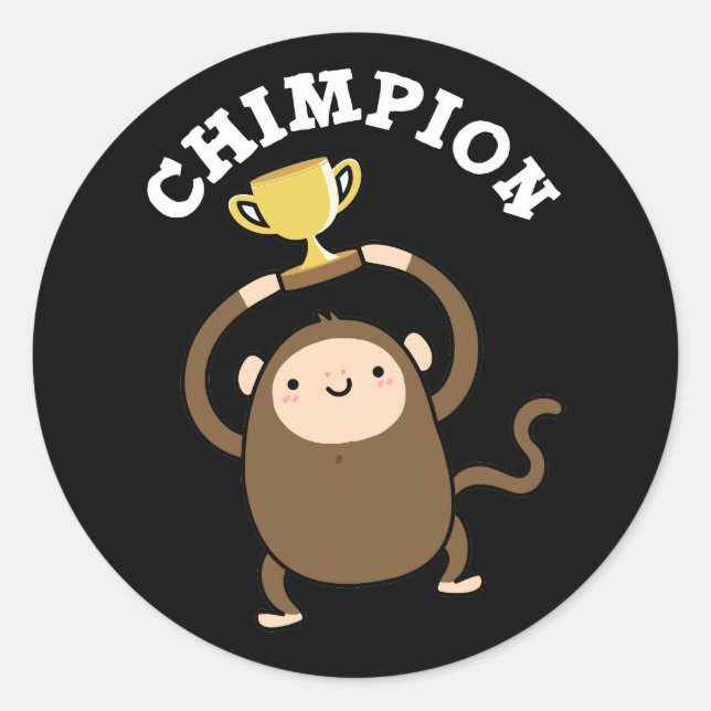 Pegatina Redonda Chimpon es un divertido campeón de Chimpanzee Pun  (Anverso)