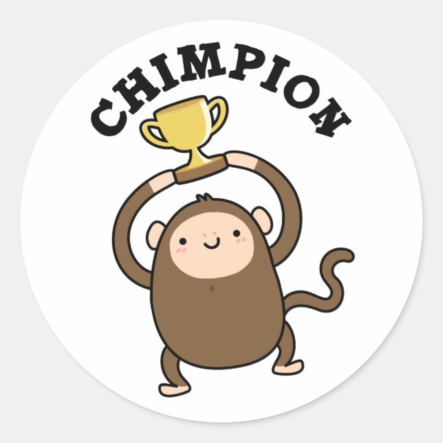 Pegatina Redonda Chimpon es un divertido campeón de Chimpanzee Pun (Anverso)