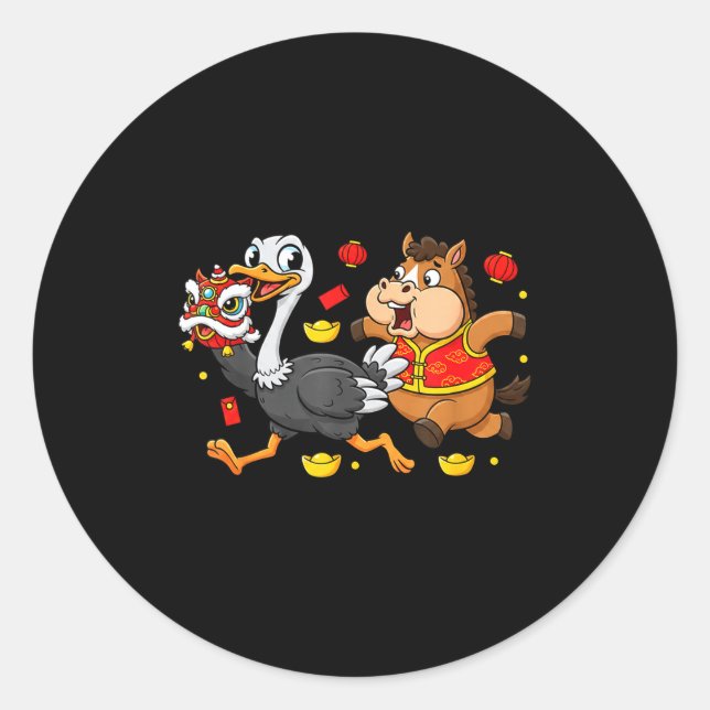 Pegatina Redonda Chinese Horse Ostrich Funny Kids Mens Womens Happy (Anverso)