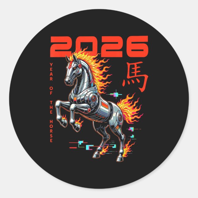 Pegatina Redonda Chinese New Year 2026 Year Of The Fire Horse Cyber (Anverso)