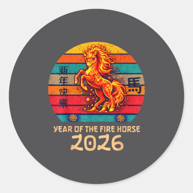 Pegatina Redonda Chinese New Year 2026 Year Of The Fire Horse Vinta (Anverso)