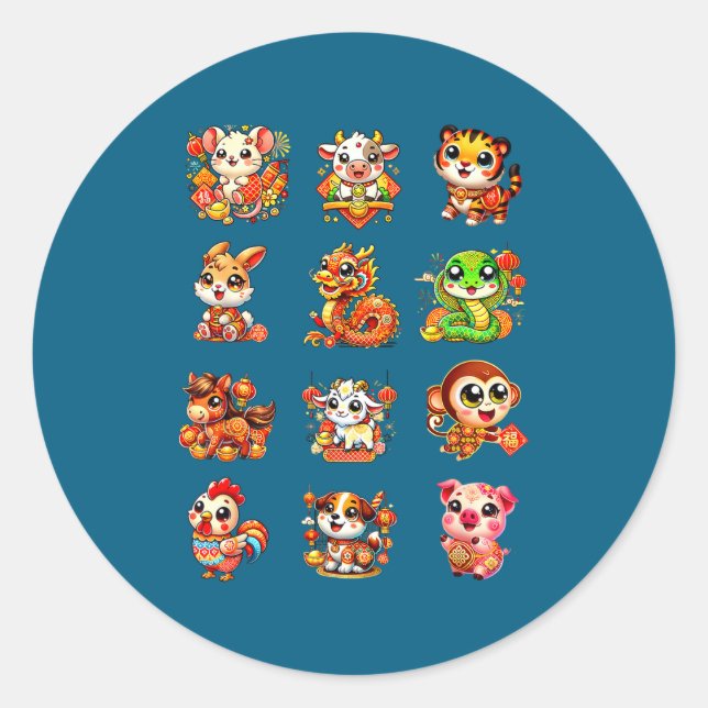 Pegatina Redonda Chinese New Year Cute 12 Zodiac Animal Signs Lunar (Anverso)
