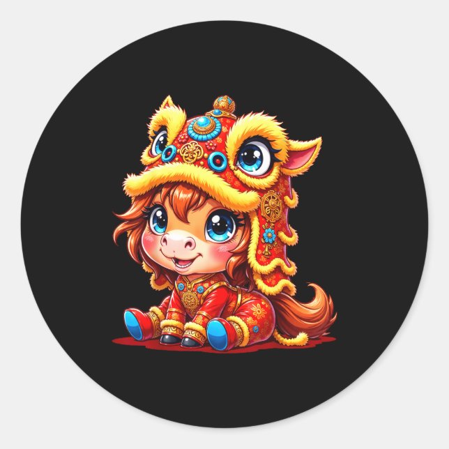Pegatina Redonda Chinese New Year Of The Horse 2026 Lunar Girls Lio (Anverso)