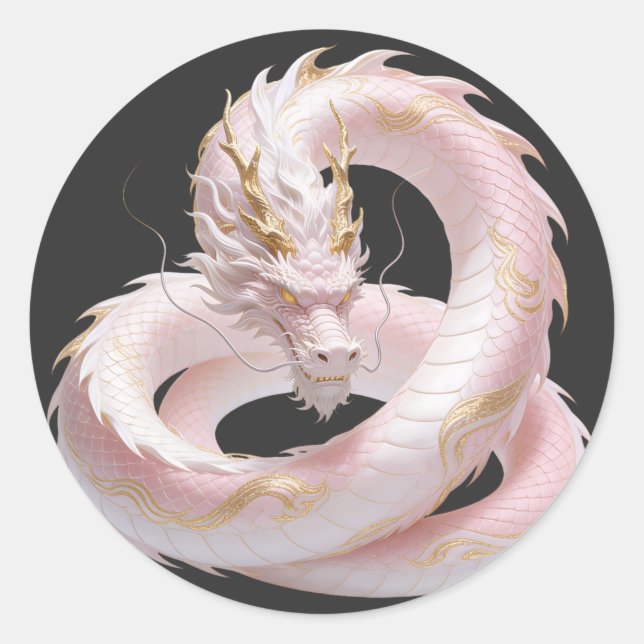 Pegatina Redonda Chinese White Gold Dragon Art Fantasy Design With  (Anverso)