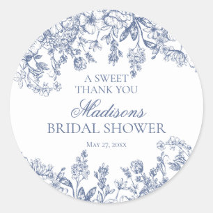 Pegatina Redonda Chinoiserie Azul Desayuno Nupcial Floral Vintage